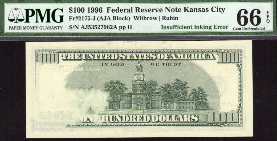 Fr.2175-J, 1996 $100 Inking Error, AJ53527961A, Gem CU, PMG-66 EPQ